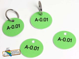 Aluminium sleutellabel rond 30mm voorzijde op kleur, achterkant is blank aluminium